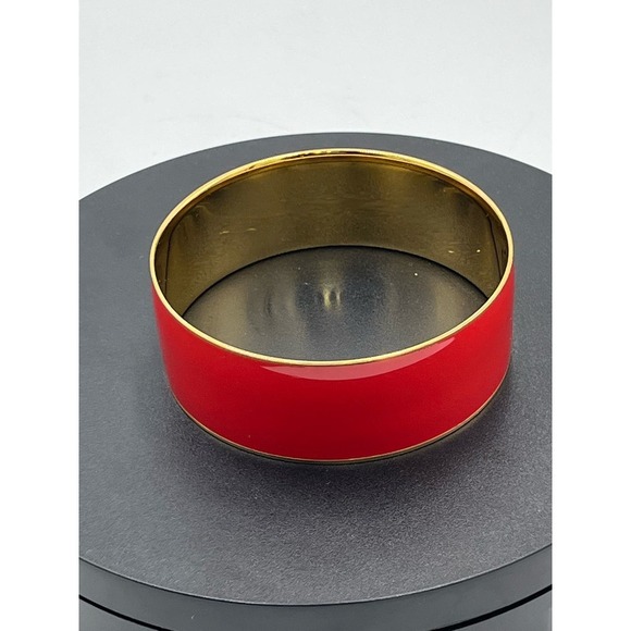 J. Crew Wide 1" Bright Red Gold Tone Edges Bangle Bracelet - Picture 3 of 7